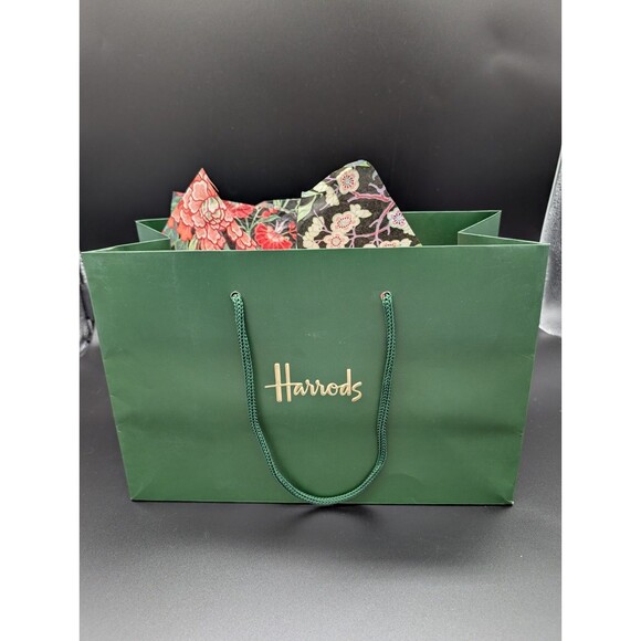 Harrods Green Medium Paper Gift Bag With Sheet Of Floral Tissue Paper GUC - Picture 1 of 6